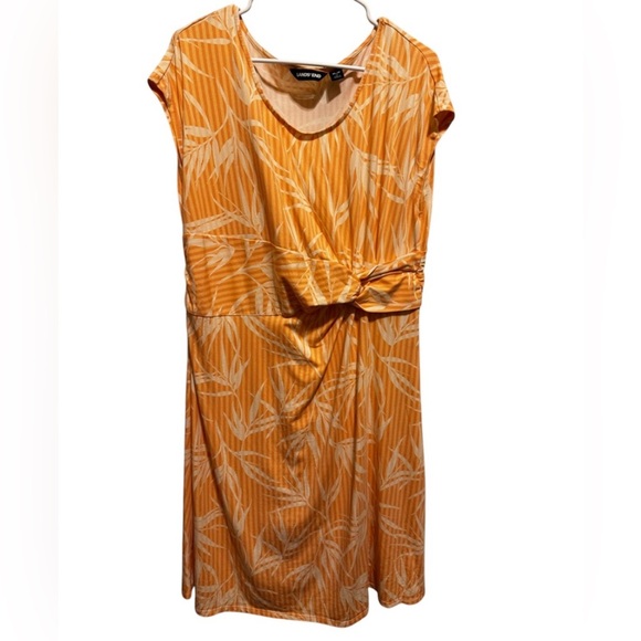 Lands’ End Women’s Faux Wrap Dress Coral Orange Tropical Stripe Print Sz XL/P 18 - Picture 2 of 12